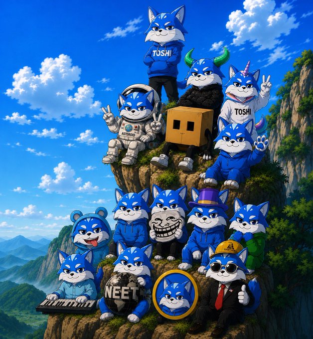 An anime-style illustration of multiple blue dog characters labeled 'TOSHI' in various costumes (astronaut, wizard, businessman, etc.) posing on a cliffside under a blue sky.