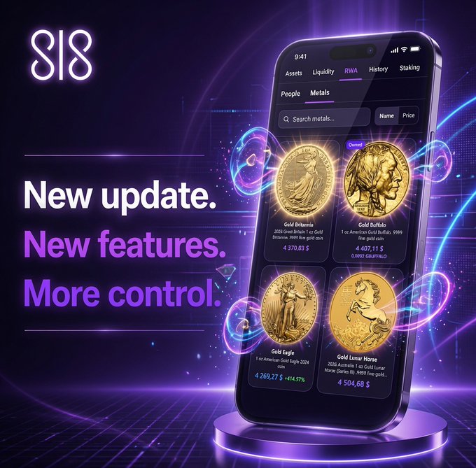 The image features an iPhone displaying a gold coin app with a purple background and neon lights. The main focus of the image is a gold coin that has been updated, showcasing its new features and improved control options. The text accompanying the image reads "New Update. New Features. More Control." This suggests that the app has undergone updates to enhance user experience and provide better management capabilities for users' assets.