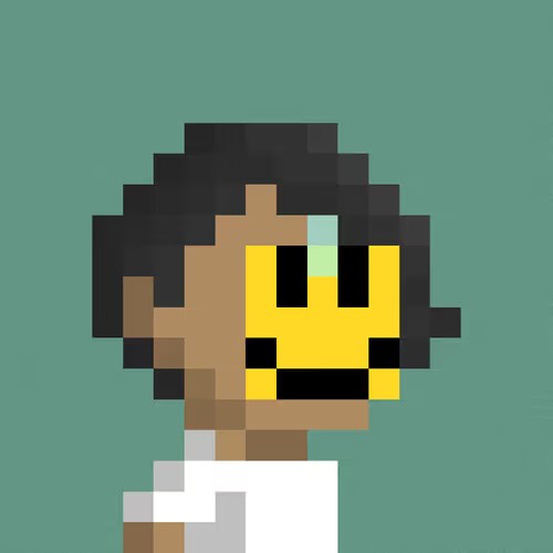 A pixel art portrait of a person with curly black hair, glasses, and a yellow face against a teal background.