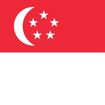 The flag of Singapore, featuring a red upper half with a white crescent moon and five stars, and a white lower half.