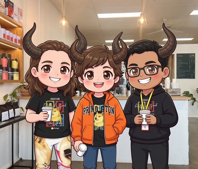 Three chibi-style characters with large curved horns stand smiling inside a modern café, each wearing Dogecoin/Dogetti crypto merchandise and holding coffee cups. One shirt reads "DOGECOIN," another features a Shiba Inu graphic with "PRINNGTON" (likely "PRINGTON"), while the third wears a "DOGE" lanyard and hoodie—matching the post's "encoding that memecoin on DOGE" theme.