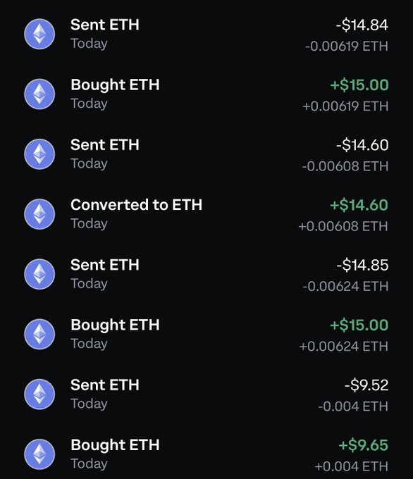 A cryptocurrency transaction history on a dark background showing a series of ETH transactions including 'Sent ETH', 'Bought ETH', and 'Converted to ETH' with dollar amounts and ETH quantities.