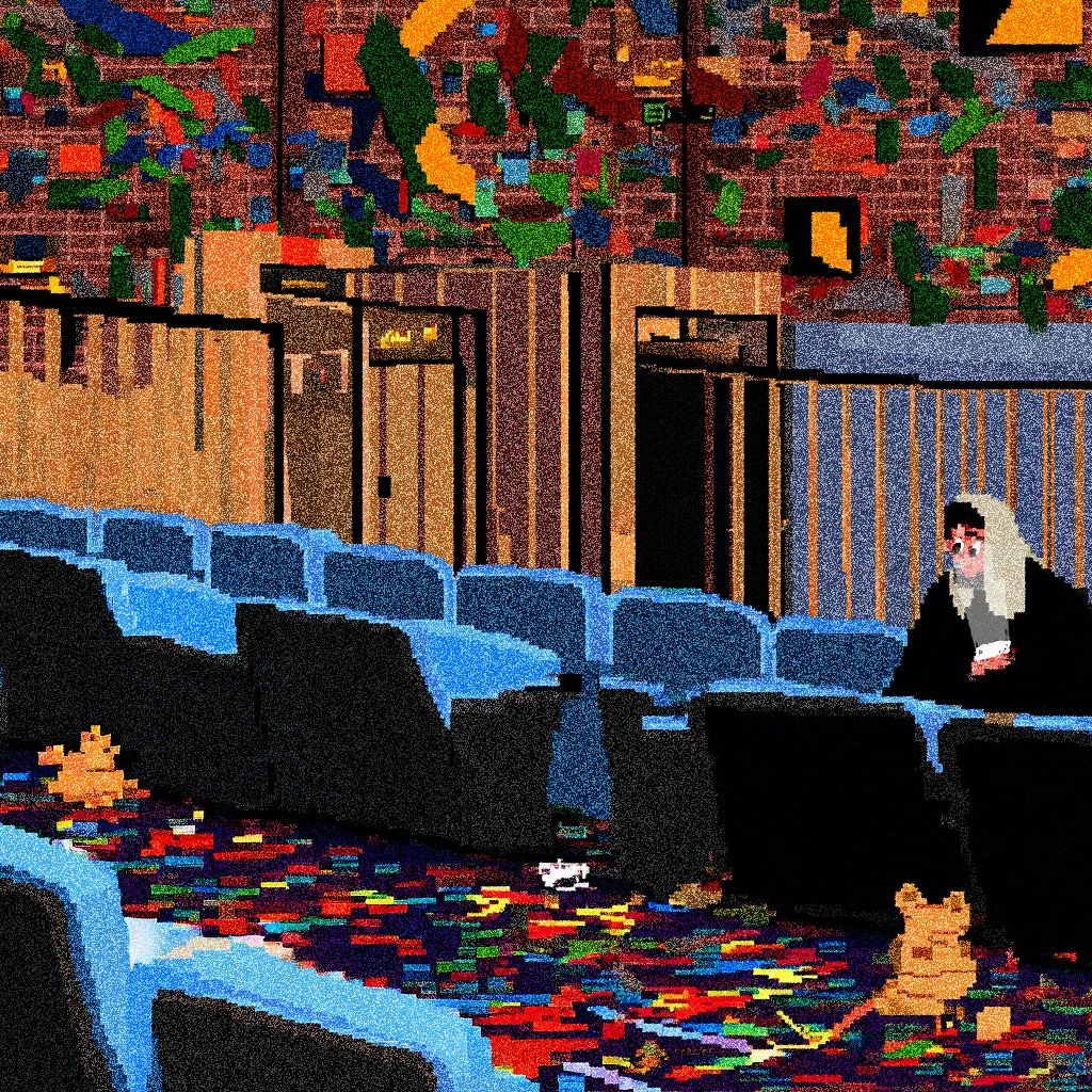 The image shows a room with blue chairs, some of which are upside down or tilted at an angle. A person can be seen sitting in one of these chairs, while another person sits nearby. The room appears to be a movie theater, as there is a large screen and multiple rows of seats. The floor has colorful tiles on it, adding vibrancy to the scene. In the corner of the room, there are two dogs present - one dog is sitting in front of the upside-down chairs, while the other dog is located near the person who is sitting down.