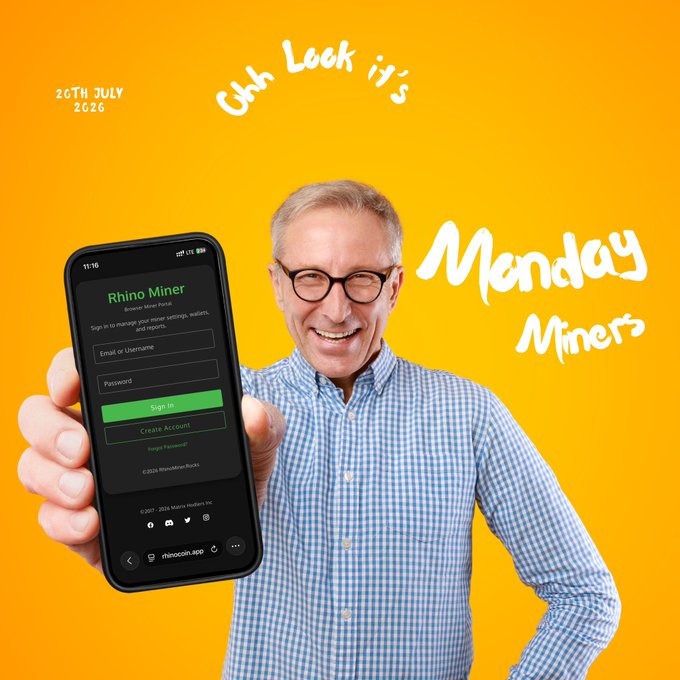 A promotional poster dated 26th July 2026 with a yellow background featuring a smiling older man in glasses holding a smartphone displaying the Rhino Miner browser portal login screen, with handwritten text "Oh Look it's Monday Miners."