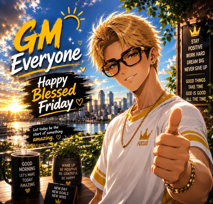 An anime-style motivational graphic featuring a smiling blonde man giving a thumbs-up, with text 'GM Everyone', 'Happy Blessed Friday', 'Let today be the start of something amazing', and various positive affirmations on signs and mugs.