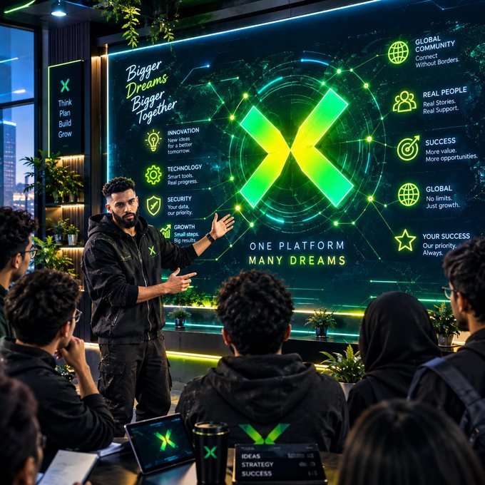 A motivational presentation scene shows a man speaking to an audience in front of a large screen displaying 'Bigger Dreams, Bigger Together' and 'ONE PLATFORM, MANY DREAMS' with an 'X' logo and icons for innovation, technology, security, and growth.