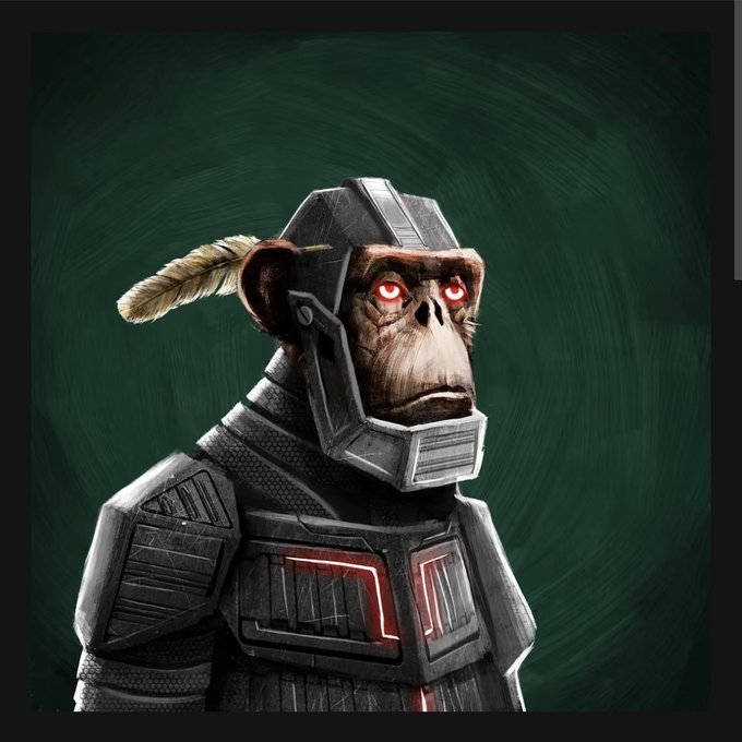 A digital painting depicts a cybernetic chimpanzee wearing futuristic black armor with glowing red eyes and red chest accents against a dark green background.