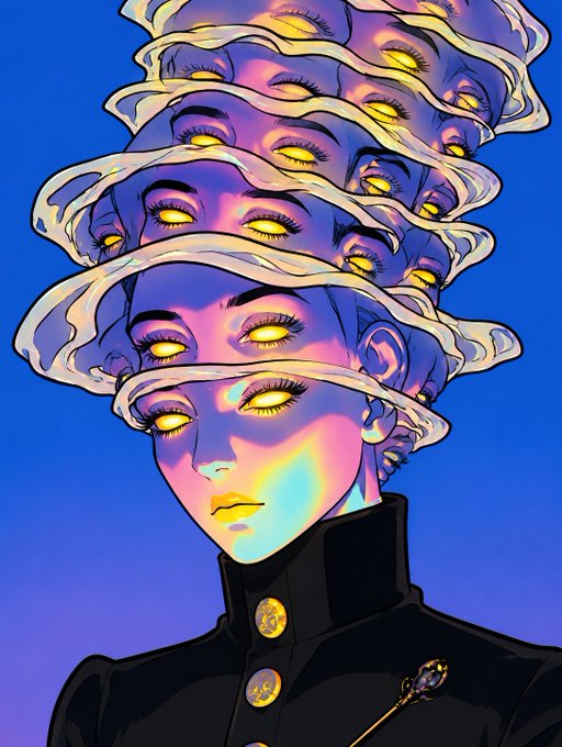A surreal digital illustration features a figure with multiple faces stacked vertically, each with glowing yellow eyes, set against a blue background.