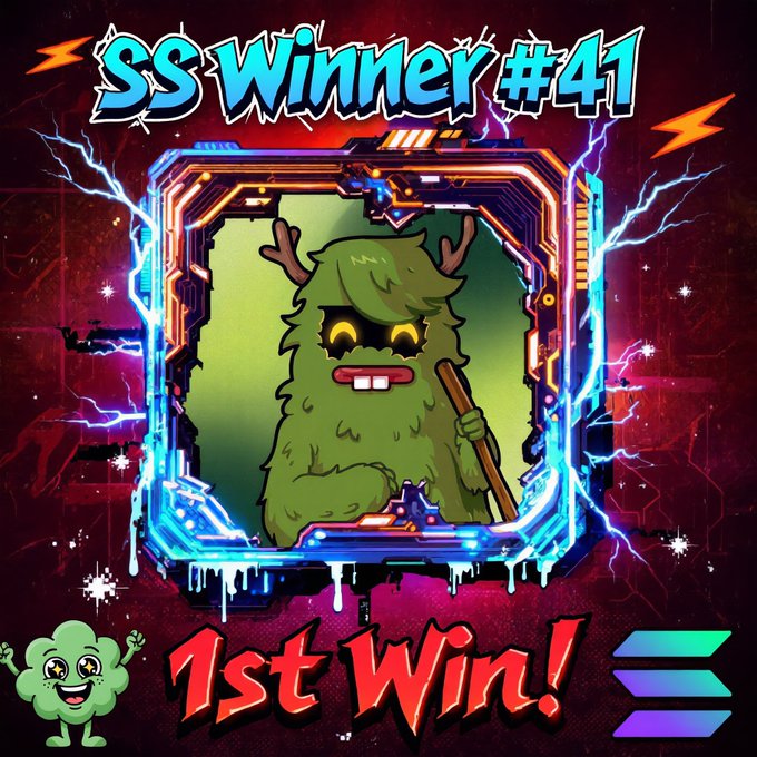 The image is a vibrant digital announcement celebrating "SS Winner #41" with a furry green horned character framed by electric blue energy and the bold red text "1st Win!" at the bottom, alongside a small smiling green mascot. The graphic ties directly to the post announcing Day 41's Smurf Spotlight V2 winner, marking their first victory in the contest.