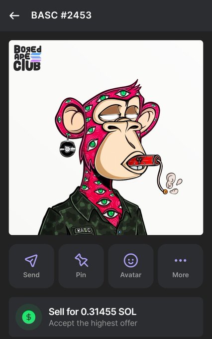 A mobile app screen displaying a Bored Ape Club NFT (BASC #2453) featuring a pink ape with green eye patterns smoking a cigar, listed for sale at 0.31455 SOL.