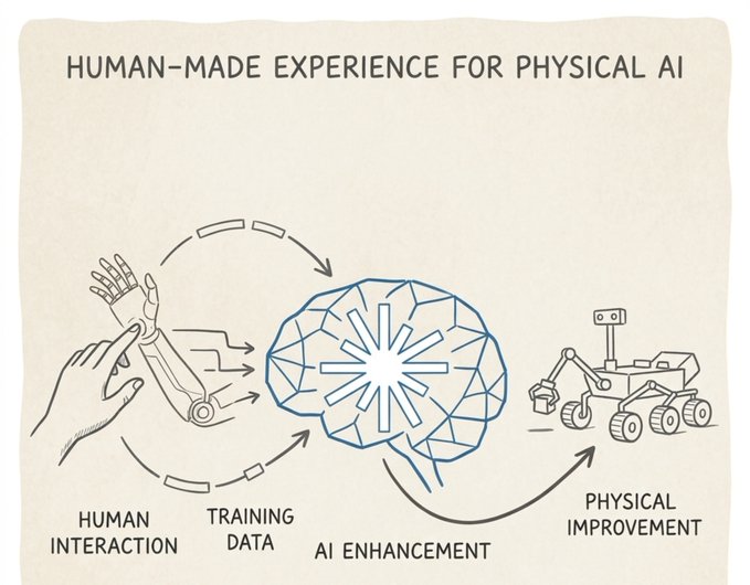 An illustrated diagram titled 'HUMAN-MADE EXPERIENCE FOR PHYSICAL AI' showing a cyclical process: Human Interaction with a robotic hand generates Training Data, which feeds AI Enhancement, resulting in Physical Improvement for a robotic rover.