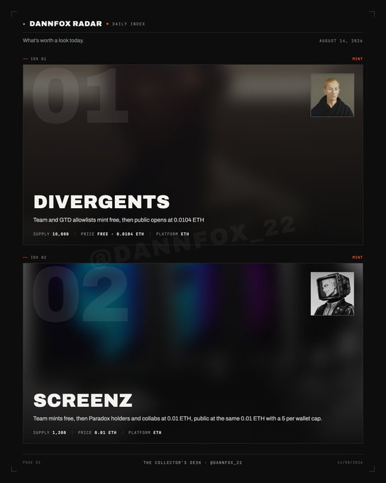A webpage screenshot titled 'DANNFOX RADAR DAILY INDEX' featuring NFT listings 'DIVERGENTS' (#466) and 'SCREENZ' (#555) with mint prices in ETH.