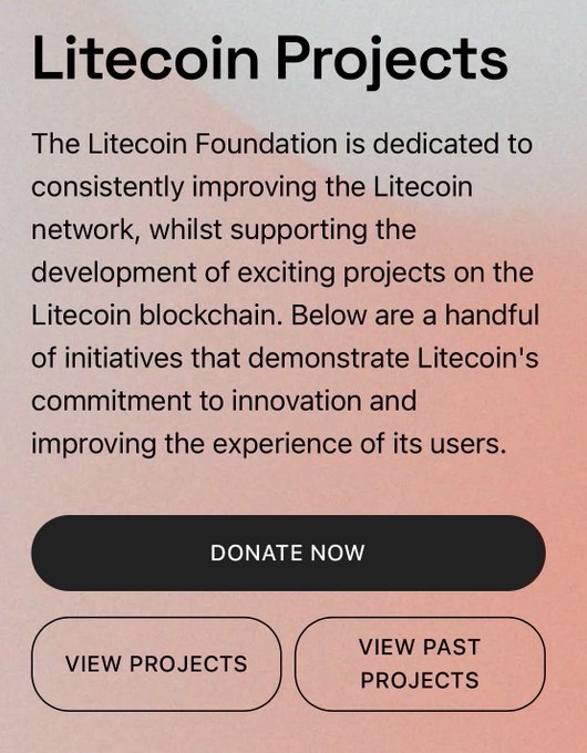An informational graphic titled 'Litecoin Projects' describing the Litecoin Foundation's initiatives, with buttons for 'DONATE NOW', 'VIEW PROJECTS', and 'VIEW PAST PROJECTS'.