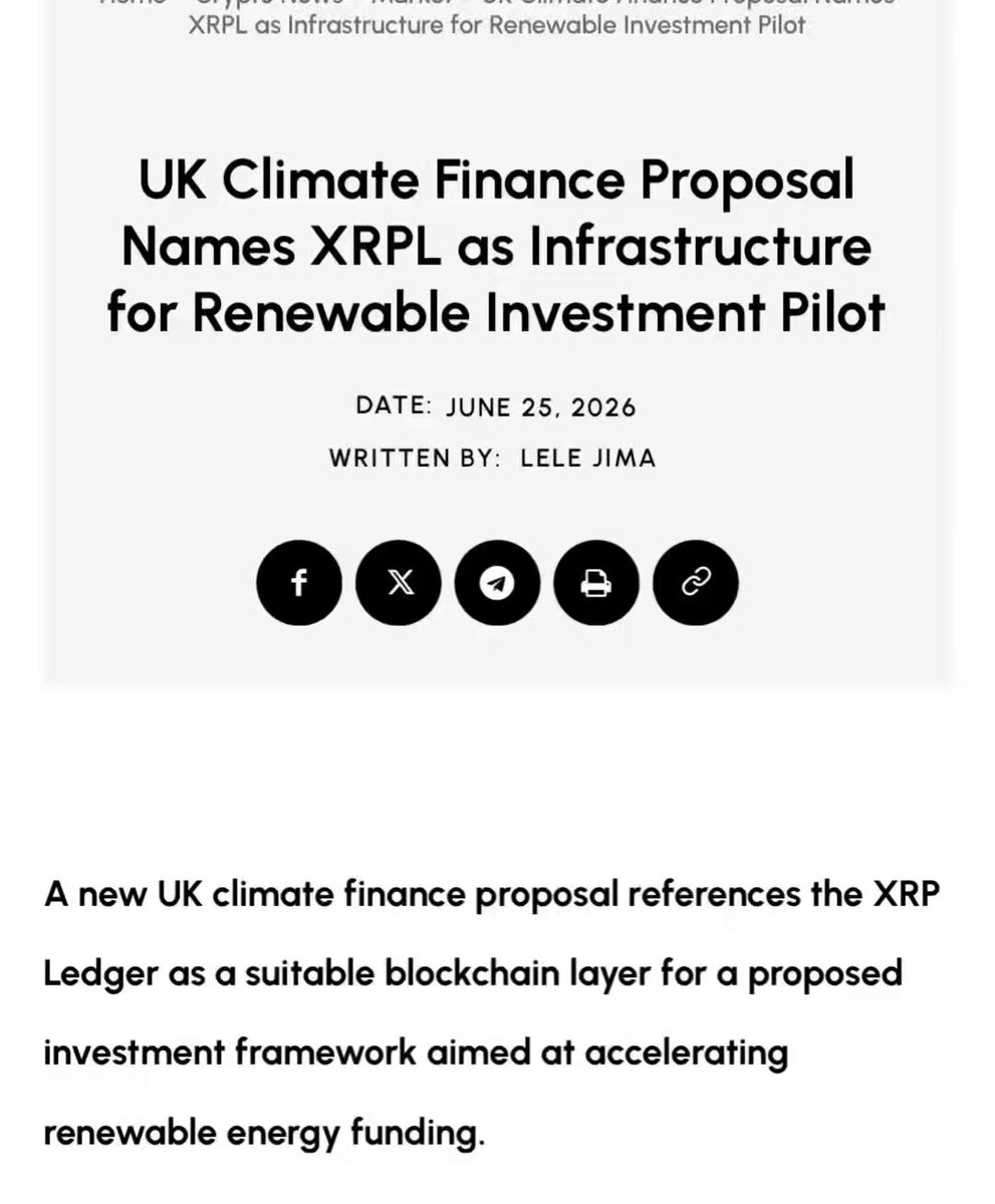 The image shows a poster or flyer for an event related to climate finance, specifically named "UK Climate Finance Names XRP As Infrastructure For Renewable Investment Pilot". The poster features black text with white icons representing different aspects of the UK climate finance proposal. One of the icons is a black circle with a white x inside it, which could represent the name of the UK climate finance proposal or an event related to it.