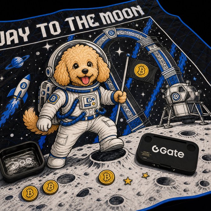 A happy golden doodle astronaut plants a Bitcoin flag on the moon's cratered surface, accompanied by a rocket and lunar lander, with the text "JAY TO THE MOON," Bitcoin coins, and "Gate" branded on the gear—tying the gift of the Gate camping kit to an out-of-this-world celebration.