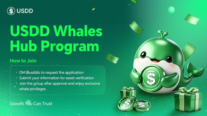 An advertisement for the 'USDD Whales Hub Program' with the tagline 'Growth You Can Trust', detailing how to join by DMing @usddio, and featuring a 3D green whale mascot holding a USDD coin.
