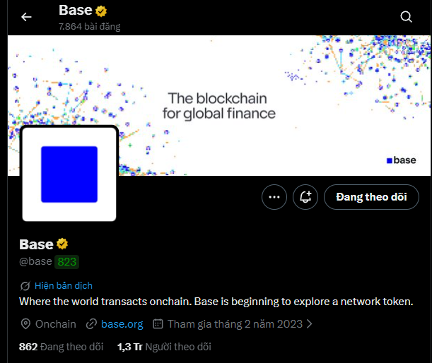 The image shows the Twitter/X profile page for @base with their verified checkmark, 862K followers, and 1.3T follower rank, featuring their banner reading "The blockchain for global finance." The profile confirms Base as the onchain platform where the tweet discusses the anticipation around a potential $Base airdrop and its current 285 million wallet user base.