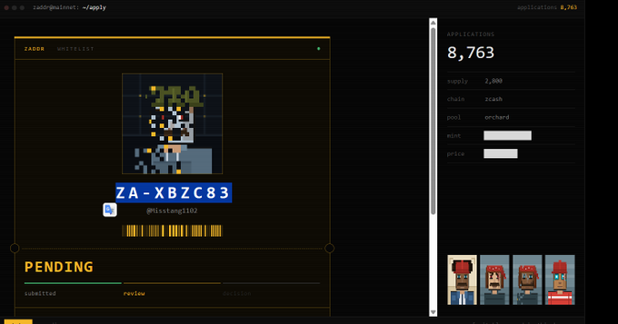A dark-themed web application interface for ZADDR wallet showing a pixel art application with a colorful sprite character, the address 'ZA-XBZC83', and an 'APPLICATIONS' sidebar displaying 8,763 total applications with a supply of 2,800.