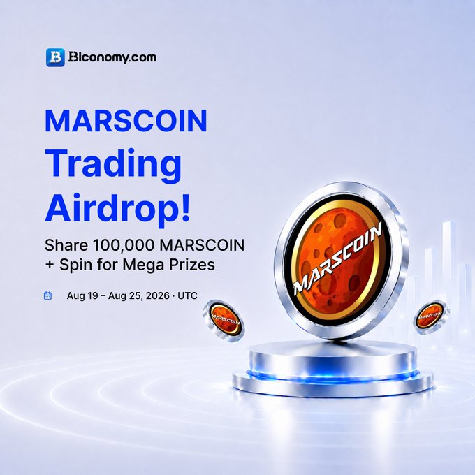An ad from Biconomy.com announces a "MARSCOIN Trading Airdrop" to share 100,000 MARSCOIN plus spin prizes, running from Aug 19 to Aug 25, 2026 UTC, featuring 3D Mars-themed coins.