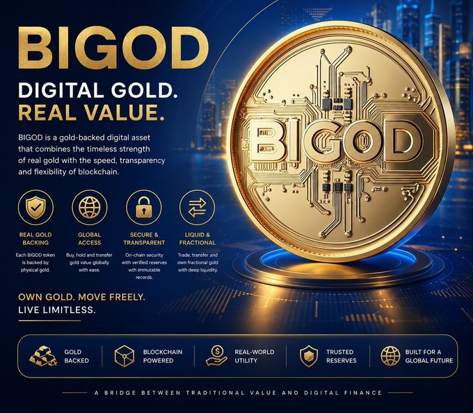 Advertisement for BIGOD, a gold-backed digital asset combining real gold with blockchain technology, highlighting features like real-gold backing, global access, and secure transactions.