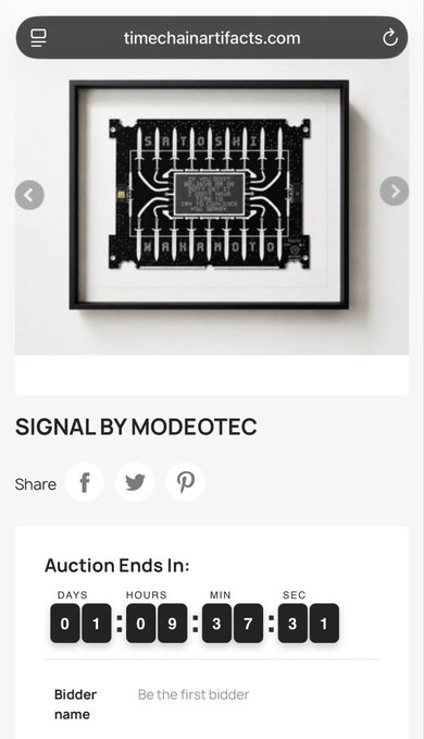 The image shows a screenshot of a website where an auction for an artwork, a frame made out of electronic parts or components, is being held. The website features an auction notice indicating that the artwork has been live for sale for the past two days at the listed price of @BTCPrague. A bidding system can be seen on the screen with the starting time displayed as 00:38:33 and the current bid amount as 0.31.