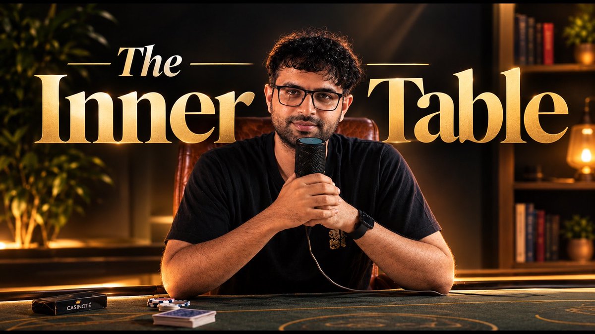 A tech creator identified by the accompanying post as Harkarat sits at a poker table holding a microphone, with playing cards and a “CASINOTE” chip tray in front of him. Large gold text behind him reads “The Inner Table,” matching the post’s theme of him raising capital for a streaming poker set and brand on Solana with Backable.