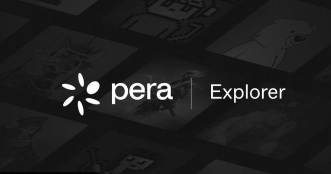A dark promotional graphic for 'pera | Explorer' featuring the Pera logo against a grid of stylized illustrations.