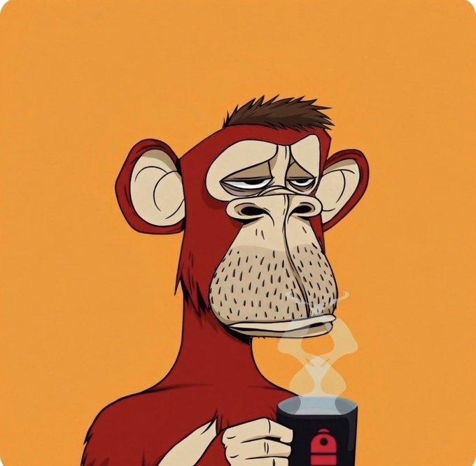 A cartoon illustration of a tired-looking red monkey holding a steaming black mug against a solid orange background.