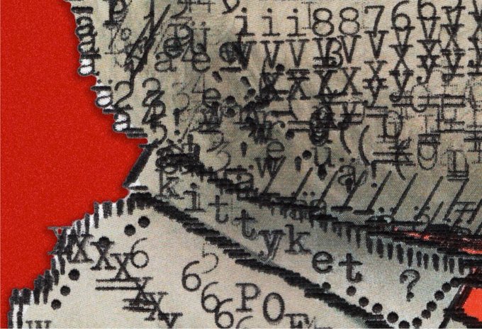 A torn piece of paper against a red background displays a chaotic jumble of letters, numbers, and symbols—including "XVI," "18876," "XO," "ittt," and "tt et"—rendered in various typefaces. The fragmented, overlapping characters visually embody the overwhelming, fragmented nature of studying or decoding dense information.