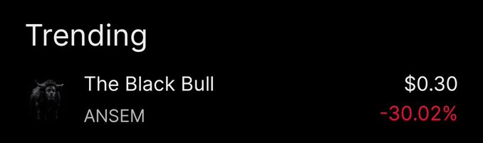 A 'Trending' section showing 'The Black Bull' by ANSEM with a price of $0.30 and a -30.02% decline.