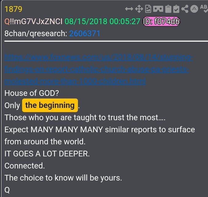 A screenshot of a 4chan post from 08/15/2018 contains a link to a Fox News article about Catholic church abuse, with the user commenting 'House of GOD? Only the beginning' and 'IT GOES A LOT DEEPER.'