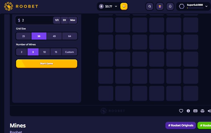 The image shows the Roobet Mines game setup screen with a bet amount of $0.77, a 36x36 grid size, and 5 mines selected before starting the game on user SuperSuk1888's account. This visually represents the beginning of the user's first serious Mines attempt, with the empty 6x6 grid waiting to be clicked—capturing the moment before the hesitation and anticipation described in the post began.