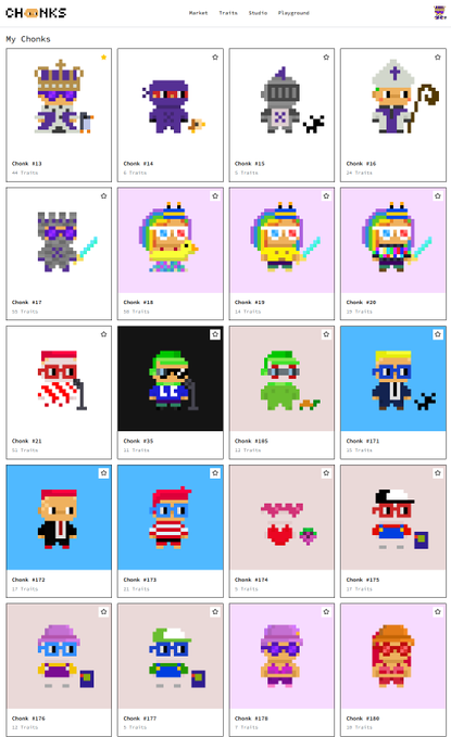 A screenshot of the CHONKS website displays a grid of pixel-art NFT characters, each labeled 'Chonk' followed by a number and trade count.
