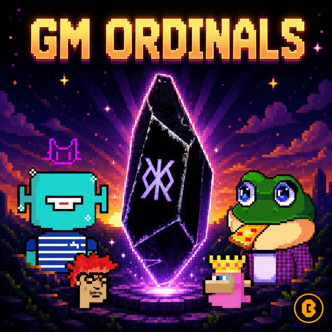The pixel art image features "GM ORDINALS" in bold yellow text at the top, with a glowing purple crystal center displaying a runic symbol, surrounded by various NFT character avatars including a robot, Pepe frog, and pixelated figures against a cosmic sunset backdrop—perfectly capturing the "inscribed" culture of Bitcoin Ordinals referenced in the post.