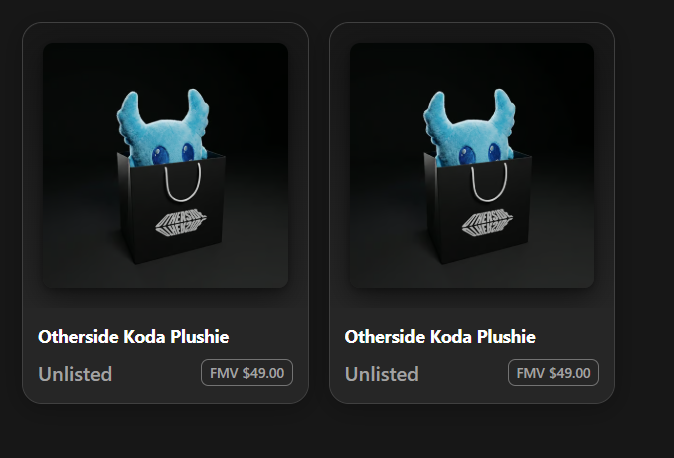 The image shows two different pictures of a blue stuffed animal, which appears to be a plushie or a toy, placed inside a black shopping bag. The bags are positioned side by side against a black background. Below these images, there's text that reads "minted 2 cutie KODA plushie" and "Otherside Koda plushie". This suggests that the image is related to an item for sale on a website or social media platform, possibly for sale at a flea market or as a gift. The post also mentions that the items are listed as "Unlisted", which could indicate that they have not been fully listed yet or are still in the process of being added to the shopping cart.