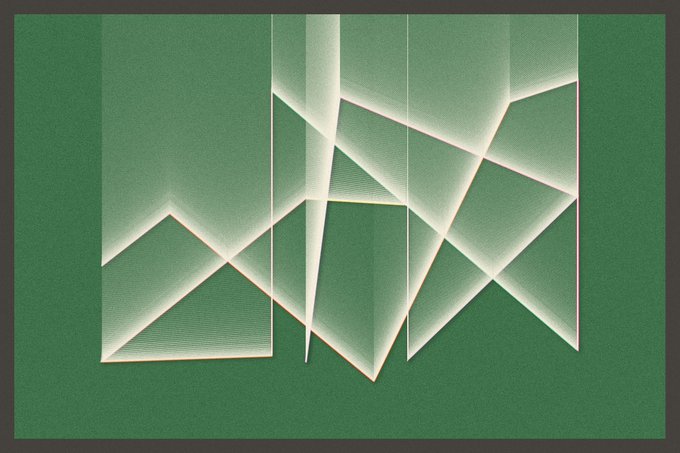 A minimalist green abstract artwork featuring geometric shapes and light beams creating intersecting angular patterns.