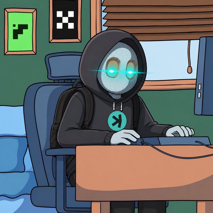 A hooded figure with glowing cyan eyes and a robotic mask sits at a computer desk wearing a backpack, with the logo "TX" displayed on their chest, symbolizing the masked, anonymous crypto trader persona promoted in the post. The pixel art style and gaming aesthetic reinforce the streaming/online trading content announced for the Twitch broadcast.