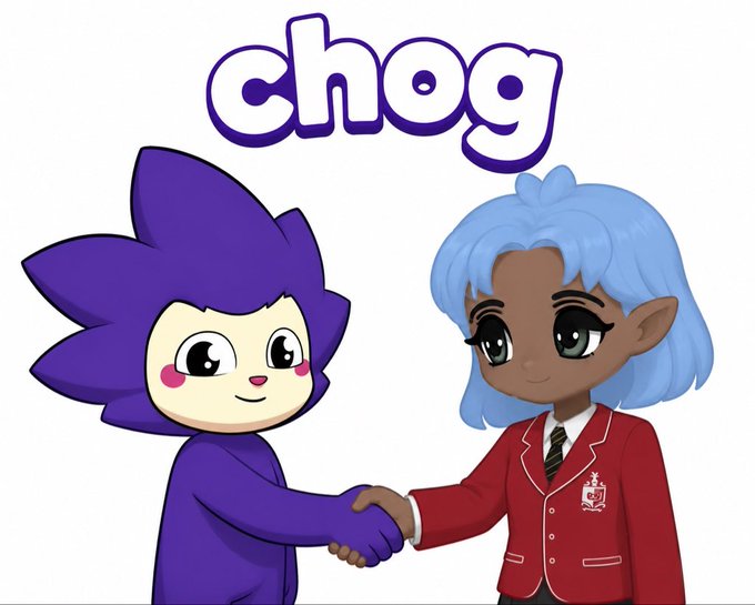 A cartoon image showing two characters shaking hands with the word 'chog' in purple letters above them - a purple spiky character and a blue-haired character in a red school blazer.
