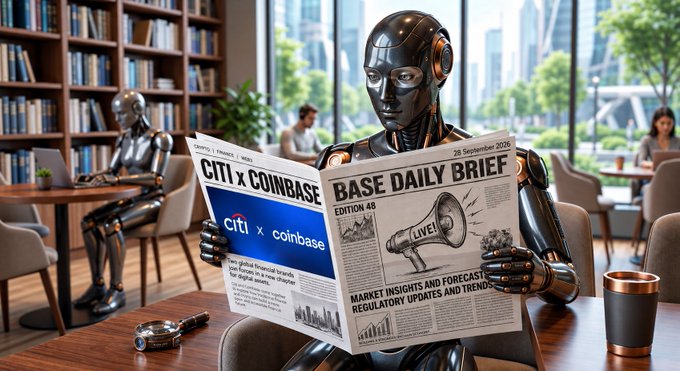 An AI-generated image depicting a futuristic humanoid robot reading a newspaper titled 'BASE DAILY BRIEF' featuring a 'CITI x COINBASE' article, sitting in a library-like setting with another robot and people in the background.
