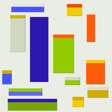 An abstract digital artwork composed of overlapping rectangular shapes in blue, green, orange, and yellow on a white background.