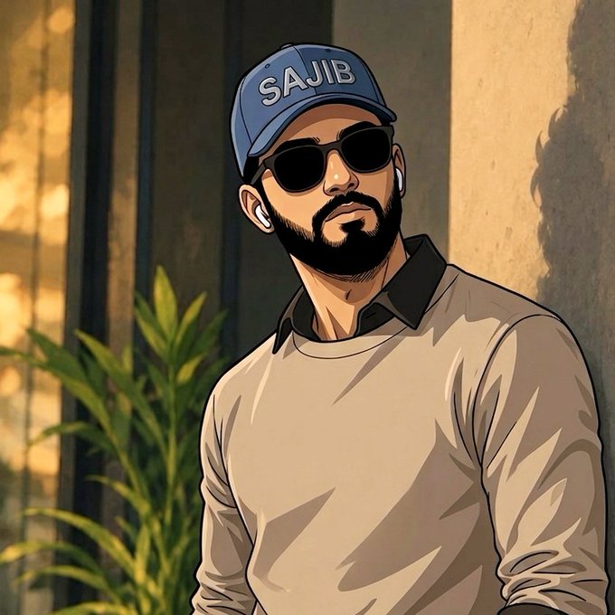 An illustrated portrait of a bearded man wearing sunglasses and a blue cap reading 'SAJIB', dressed in a cream sweater and standing near green foliage.