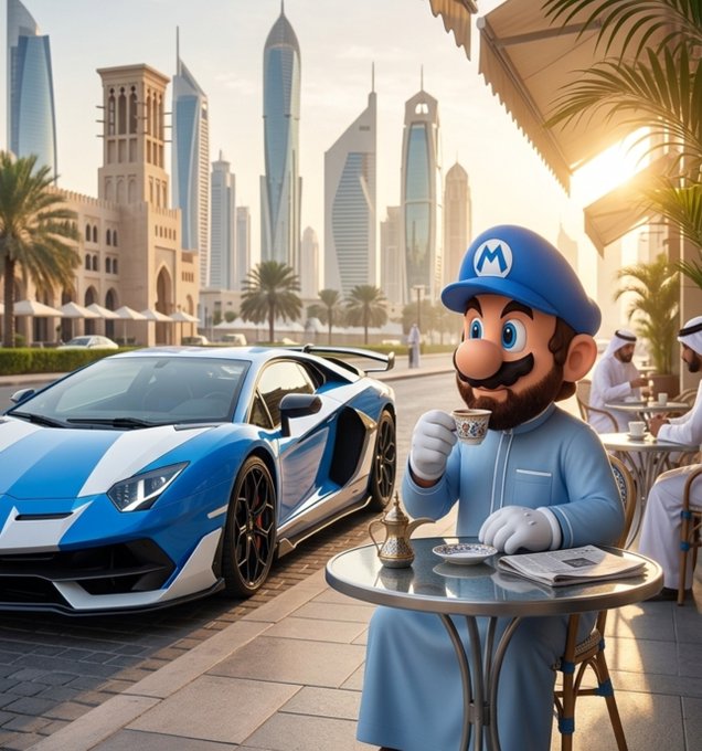 An AI-generated image of a Mario-like character wearing a blue outfit and "M" cap, sitting at a café table drinking coffee, with a blue sports car and Dubai skyline in the background.
