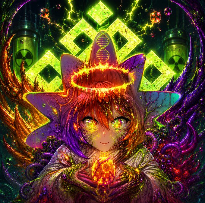 The image features an anime character with red hair, wearing a white outfit that has a yellow star on it. The character appears to be holding a golden object or orb, which could be interpreted as a symbol of power or knowledge. The background is dark green, and there are two other characters in the scene - one on the left side and another on the right side. These characters seem to be part of the same scene but not directly interacting with the main character.
