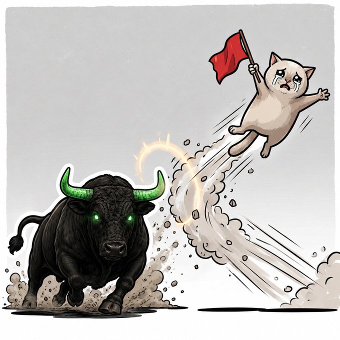 A meme-style illustration of a crying cat flying through the air waving a red flag, being chased by an angry black bull with glowing green eyes.