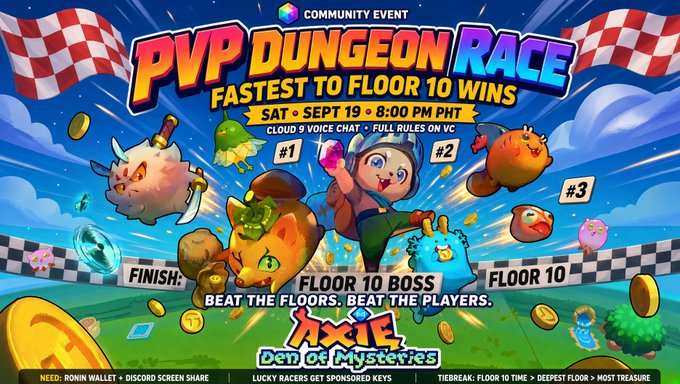 A colorful game event banner for "Axie Infinity: Den of Mysteries" advertising a "PVP DUNGEON RACE" on September 19 at 8:00 PM PHT, featuring Axie characters in a racing-themed design.