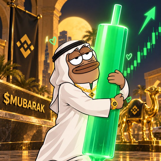 A cartoon Pepe character in traditional Arab attire enthusiastically embraces a massive glowing green candlestick chart representing the $MUBARAK token's upward surge, set against a luxurious Middle Eastern backdrop featuring a "$MUBARAK" sign, Binance logo, and a golden camel statue under a moonlit sky. The imagery directly visualizes the post's rallying call to "pump" the $MUBARAK meme coin, with the rising green candles symbolizing bullish momentum.