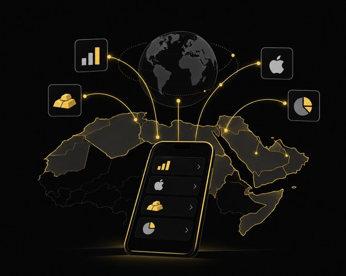 A digital graphic showing a smartphone displaying financial/tech app icons connected by glowing lines to a globe and floating icons (bar chart, Apple, gold bars, pie chart) over a stylized Middle East/North Africa map.