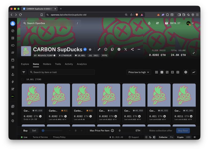 OpenSea NFT collection page for 'CARBON SupDucks' by MEGAVOLTOERP on Ethereum, showing 10,001 items with 0.0202 ETH floor price.