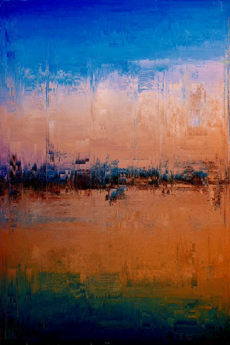 An abstract painting with textured brushstrokes in vibrant shades of blue, orange, and green.