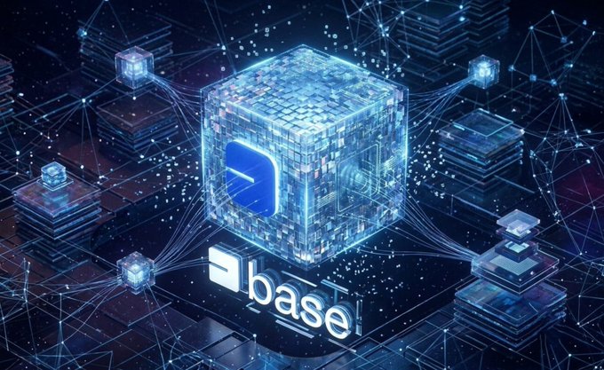 A futuristic digital rendering featuring a glowing blue blockchain cube connected to a network of nodes, with the 'Base' logo displayed at the bottom.